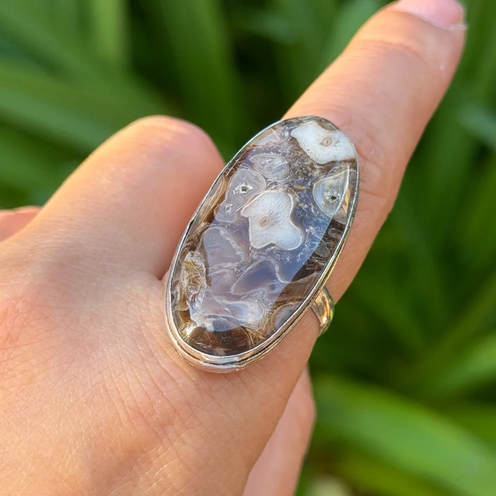 Size 9.5 925 silver plated druzy stick‎ agate ring 0686